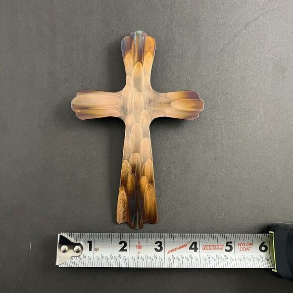 Flame Painted Copper Cross Wall Hang Decor Artisan Handmade Small 6” X 4” cottag - Picture 8 of 8